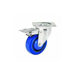 EASYROLL 100mm Blue Elastic Rubber Swivel Brake Plate Mount Castors, I6 Series, 140kg