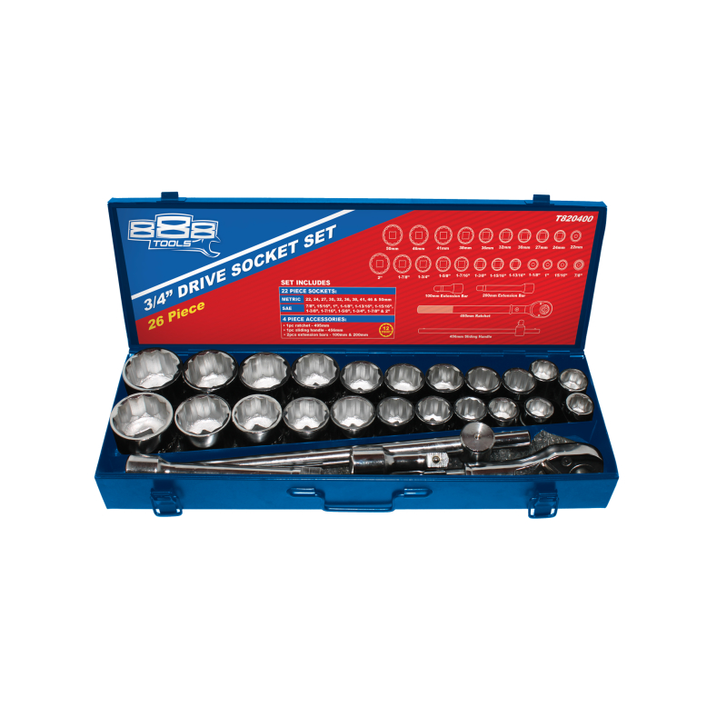 888 TOOLS 12pt 3/4" Dr 26pc Socket Set- Metal Box