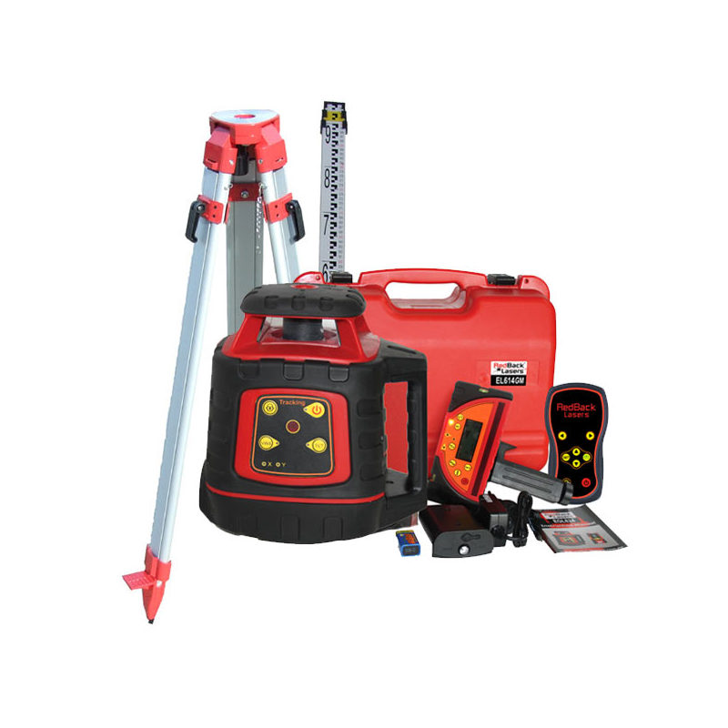 REDBACK LASERS Rotating Auto Grade Match Laser Level with mm Tracking Receiver Package with Tripod and Staff