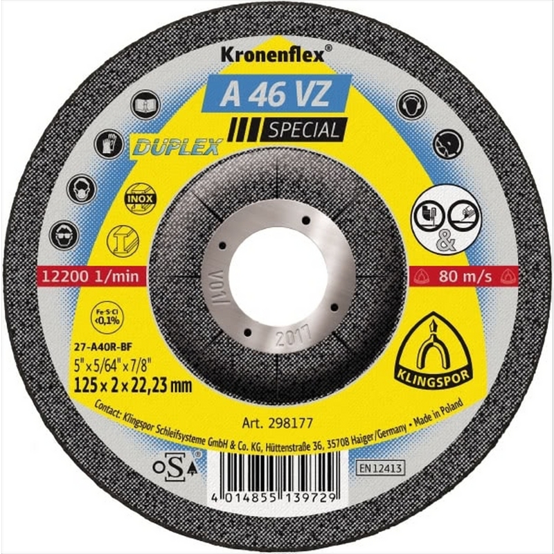 KLINGSPOR Cut Off Wheel (A46TZ) Raised Hub Inox Hard Grit 125 X 2 X 22mm