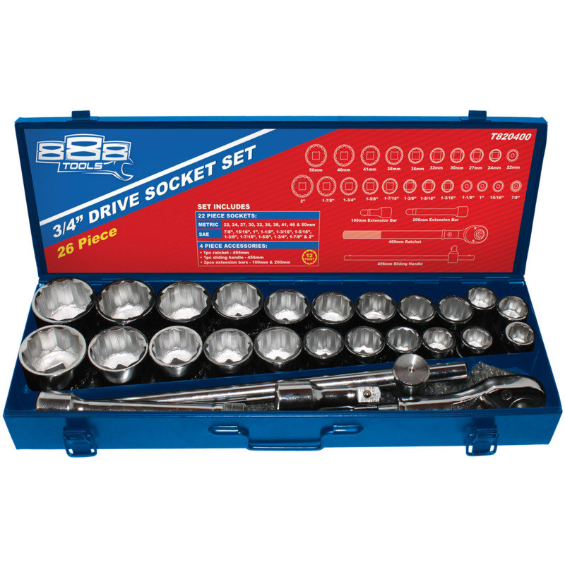 888 TOOLS 12pt 3/4" Dr 26pc Socket Set- Metal Box - Image 3