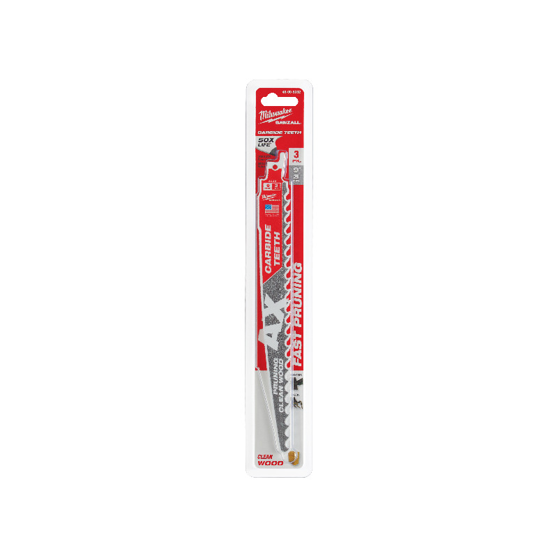 MILWAUKEE SAWZALL™ The AX™ with Carbide Teeth Pruning 225mm 9" 3TPI Blade 3 Pack